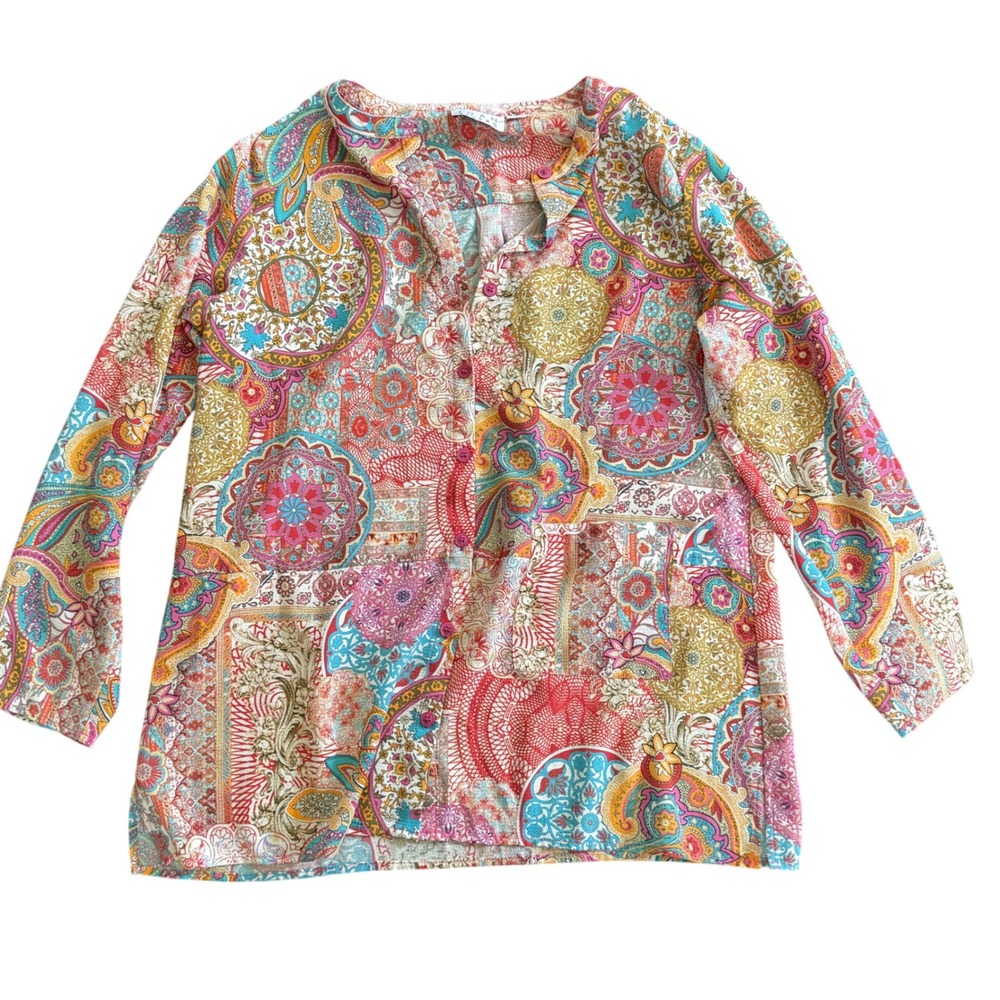 Joan Rivers Paisley Patchwork Tunic Top Boho Johnny Was Style M